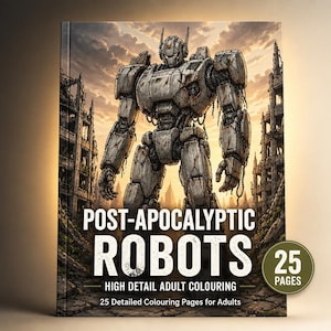 May include: A coloring book titled "Post-Apocalyptic Robots" features a detailed illustration of a large robot in a ruined cityscape. The cover includes the text "High Detail Adult Colouring" and indicates 25 pages for coloring.