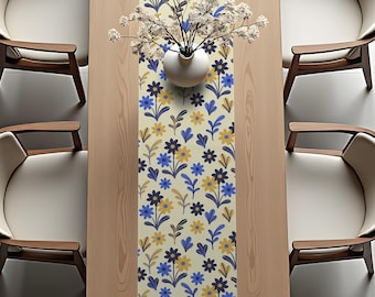 Table Runner - Blue and Yellow Floral Pattern Design - Kitchen and Dining Decor Gift Fabric - Cottagecore Tabletop Illustration - v.09