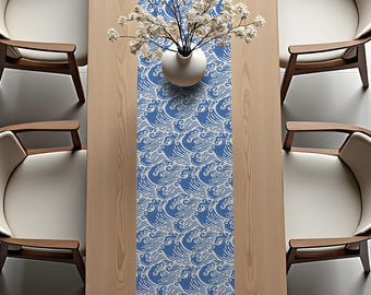 Oceanic Table Runner - Minimal Asian Wave Pattern Design - Kitchen and Dining Decor Gift Fabric - Cottagecore Tabletop Cloth - v.17