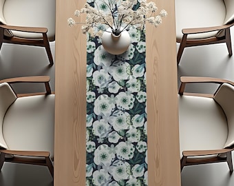 Table Runner - Elegant Botanical & Floral Pattern Design - Kitchen and Dining Decor Gift Fabric - Cottagecore Tabletop Illustration - v.12