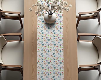 Table Runner - Colorful Botanical & Floral Pattern Design - Kitchen and Dining Decor Gift Fabric - Cottagecore Tabletop Illustration - v.11