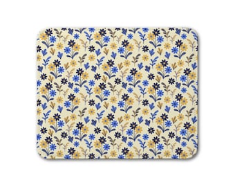 Leather Placemat - Blue and Yellow Floral Pattern Design - Kitchen and Dining Decor Gift - Cottagecore Tabletop Flower Illustration - v.09