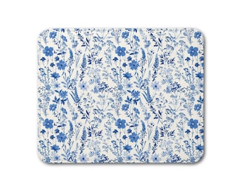 Leather Placemat - Vintage Blue Floral Pattern Toile de Jouy Design - Kitchen Dining Decor Gift - Cottagecore Tabletop Illustration - v.07