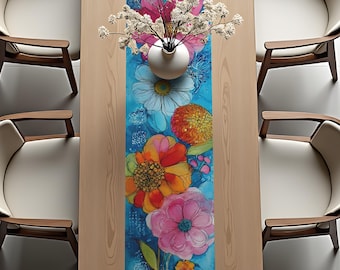 Floral Table Runner, Watercolor Botanical Colorful Flower Cottagecore Dining Decor, Housewarming Gift, Boho Farmhouse Table Cloth - v.26
