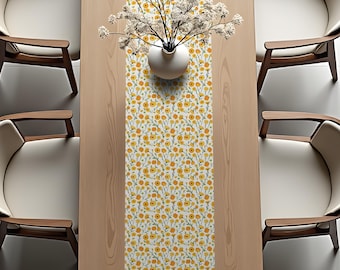 Table Runner - Yellow and Green Floral Pattern - Kitchen and Dining Decor Gift Fabric - Cottagecore Flowers Tabletop Illustration - v.04