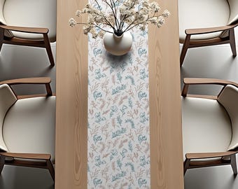 Table Runner - Elegant Beige Blue Floral Pattern - Kitchen and Dining Decor Gift Fabric - Cottagecore Flower Tabletop Illustration - v.08