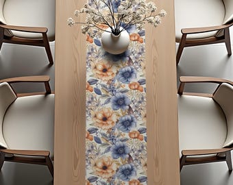Table Runner - Watercolor Botanical & Floral Pattern Design - Kitchen Dining Decor Gift Fabric - Cottagecore Tabletop Illustration - v.23