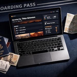 Puede incluir: Un portátil que muestra un itinerario de viaje a Tokio, junto con un pasaporte, tarjetas de embarque, un mapa y moneda japonesa. La pantalla muestra detalles del vuelo y del hotel. El texto "BOARDING PASS" es visible.
