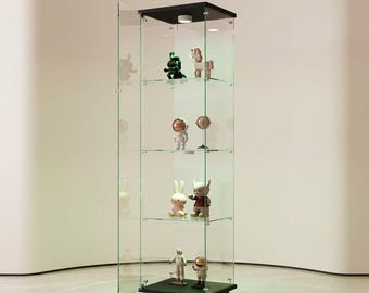 Vitrina de cristal hecha a mano, estante de 4 niveles con luz LED, estuche moderno para objetos de colección.