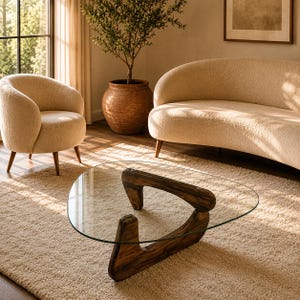 May include: A living room scene featuring a clear oval coffee table with a dark wood base. The room includes a beige sofa, two armchairs, a large rug, and a potted plant. The room is bathed in natural light.