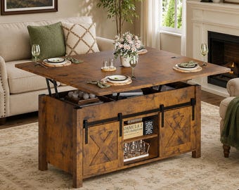 Convertible Coffee Table with Hidden Storage, Rustic Farmhouse Lift Top Dining Table
