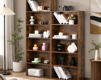 Handmade 6-Tier Wooden Bookcase, Rustic Open Bookshelf, Floor Standing Storage Shelf