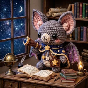 May include: A gray crocheted bat plush toy with large black eyes, pink inner ears, and purple-lined wings. The bat wears a dark blue cape with yellow star embroidery and a brown star-shaped bag, while holding a small brown telescope.