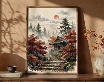 Pagoda Autumn Wall Art, Japanese Maple Poster, Sumi-e Ink Wash Print, Zen Decor