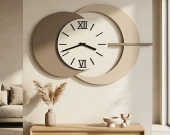 Reloj de pared minimalista moderno, arte geométrico de madera para sala de estar, decoración neutra para el hogar