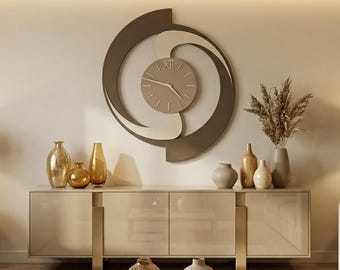 Oversized Spiral Wall Clock, Geometric Wooden Timepiece, Brown and Beige Home Decor, Silent Movement