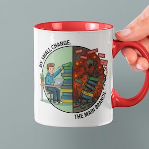 面白いGitマージマグカップ｜私の小さな変更 vs メインブランチ コーヒーカップ｜ソフトウェア開発者向けの壊れたコードギフト