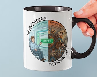 Caneca para desenvolvedor UI vs. desenvolvedor Backend - Presente engraçado para engenheiro de software full-stack - Decoração moderna para escritório de tecnologia - Humor de programador