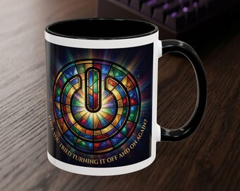 Taza con diseño de botón de encendido de vitral: "¿Has probado a apagarlo y volverlo a encender?" - Regalo ideal para soporte técnico y desarrolladores - Taza de café de 325 ml con decoración tecnológica