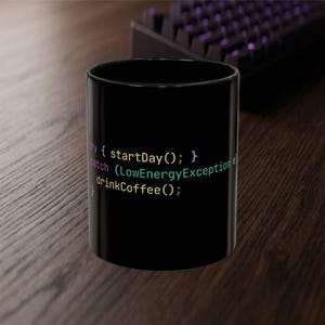 Syntax and Exceptions Mug | Try Catch Low Energy Coffee Cup | Funny Programmer Gift | Software Engineer Humor | Dark Mode Coder Mug |