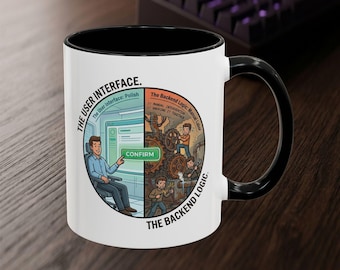 Taza para desarrolladores de interfaz de usuario vs. backend: regalo divertido para ingenieros de software full-stack, decoración moderna para oficinas tecnológicas y humor sobre programación.