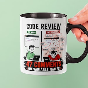面白いコードレビューマグカップ｜プログラマー向け変数名に関する47のコメント｜ソフトウェアエンジニアへのギフト｜ジュニア開発者向けユーモアマグカップ｜シニア開発者へのギフト