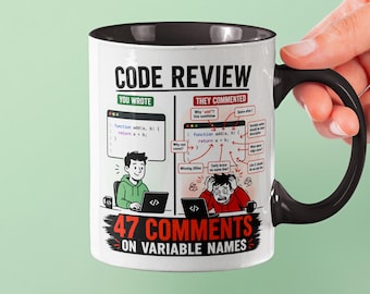 Caneca engraçada para revisão de código | Programador com 47 comentários sobre nomes de variáveis | Presente para engenheiro de software | Caneca de humor para desenvolvedor júnior | Presente para desenvolvedor sênior