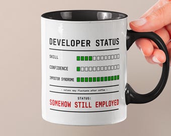 Caneca engraçada para engenheiro de software | Status do sistema do desenvolvedor | Presente para síndrome do impostor | Caneca para programador de ciência da computação | Presente para líder técnico