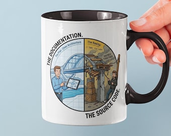 Caneca engraçada para programadores - Documentação vs. Código-fonte - Presente para programadores - Desenvolvedores web - Caneca com humor sobre programação