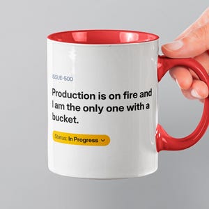 Funny Production on Fire Mug | Issue 500 JIRA Ticket Coffee Cup | DevOps Engineer Coworker Birthday Gift