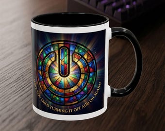 Caneca com Botão Liga/Desliga em Vitral - "Já tentou desligar e ligar de novo?" - Presente para Suporte de TI e Desenvolvedores - Caneca de Café Decorativa de Tecnologia de 325ml