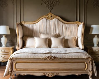 Rococo Louis XV King Bed Frame – Hand Carved Cream Gold Upholstered Wingback Headboard