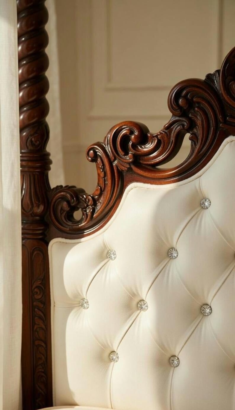 May include: Close-up of a luxurious bed headboard. The headboard features a tufted, off-white upholstered surface with crystal-like button accents. The frame is made of dark, intricately carved wood, showcasing ornate details and a classic design.