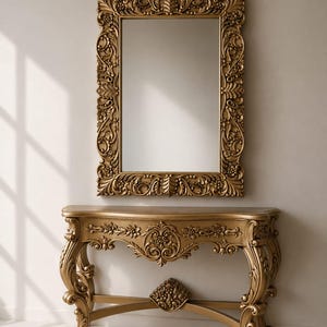 French Rococo Teak Wood Console Table Set | Hand Carved Vanity with Mirror