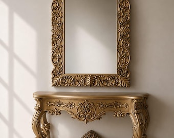 Consola de madera de teca estilo rococó francés / Tocador tallado a mano con espejo