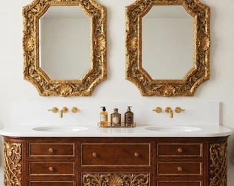 Mueble de baño antiguo de madera tallada / Mueble flotante de lujo con doble lavabo / Hecho a medida