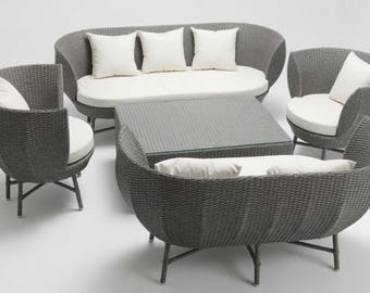 Modern Wicker Patio Furniture Set-Outdoor Conversation Seating With Curved Sofa, Armchairs & Glass Coffee Table