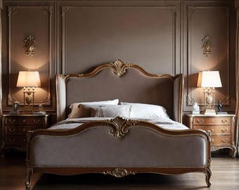 装飾的なキングサイズベッドフレーム – ダークチーク材、彫刻された花柄、ゴールドの縁取り、布張りパネル