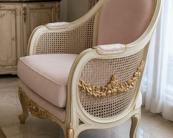 Hand Carved Teak Wood Rattan Cane Accent Chair, French Living Room Furniture