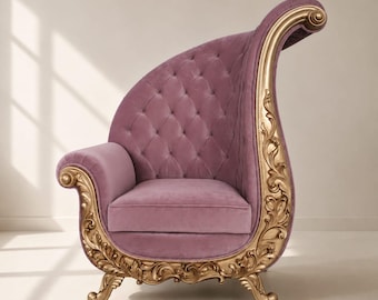 French Rococo Velvet Accent Chair | Luxury Hand Carved Teak Wood Sofa