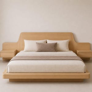 May include: A light wood bed frame featuring an integrated headboard that extends into two floating nightstands with single drawers. The bed is dressed with a white mattress, a brown runner, two white pillows, and a small brown rectangular pillow.