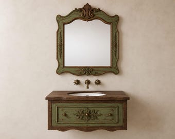 Rustic Sage Green Solid Wood Antique Vanity with Mirror | Vintage Bathroom Cabinet