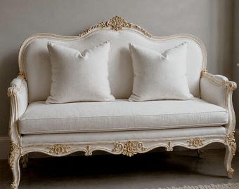 French Louis XV Style Sofa | Upholstered Loveseat | Carved Solid Wood Settee | Vintage Inspired