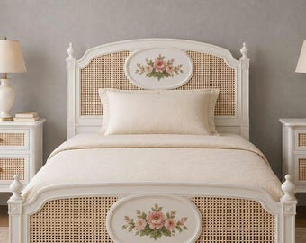 Antique French Provincial Cane Bed | Hand-Painted Teak Wood Bed Frame | Vintage Bedroom Furniture