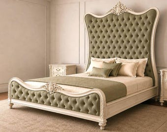 French Country Low Platform Bed Frame | Extra Tall Wingback Upholstered Headboard | Vintage Antique Furniture