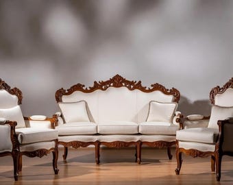 Hand Carved Teak Wood Rococo Sofa Set, French Luxury Living Room Furniture