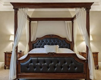 Solid Teak Wood Four Poster Canopy Bed – Black Tufted Leather Headboard, Carved Details