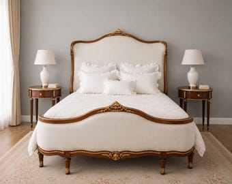 French Provincial Upholstered Bed, Louis XV Carved Teak Wood Bed Frame, Luxury Antique Furniture