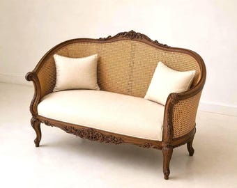 Vintage French Cane Loveseat | Hand Carved Solid Wood Settee | Luxury Rococo Sofa