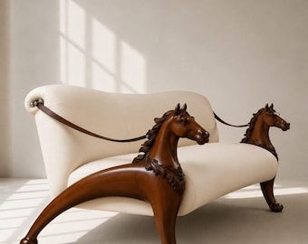 Hand Carved Horse Sofa | Vintage Antique Living Room Furniture | Classic Home Decor